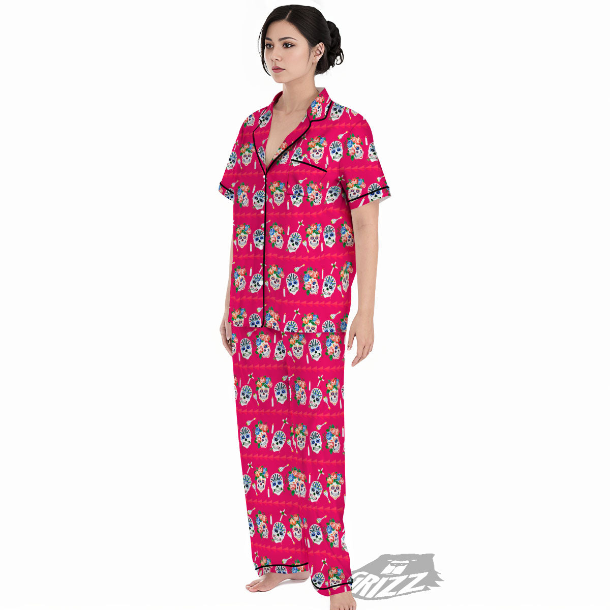 Sugar Skull Pink Print Pattern Women's Pajamas Set-grizzshop