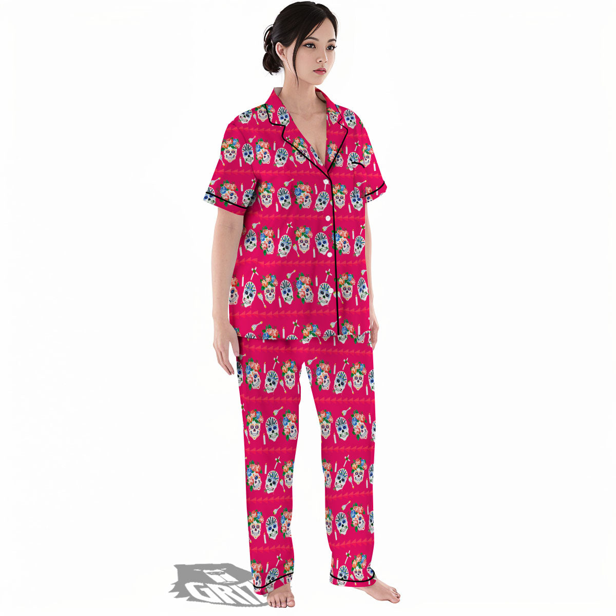 Sugar Skull Pink Print Pattern Women's Pajamas Set-grizzshop