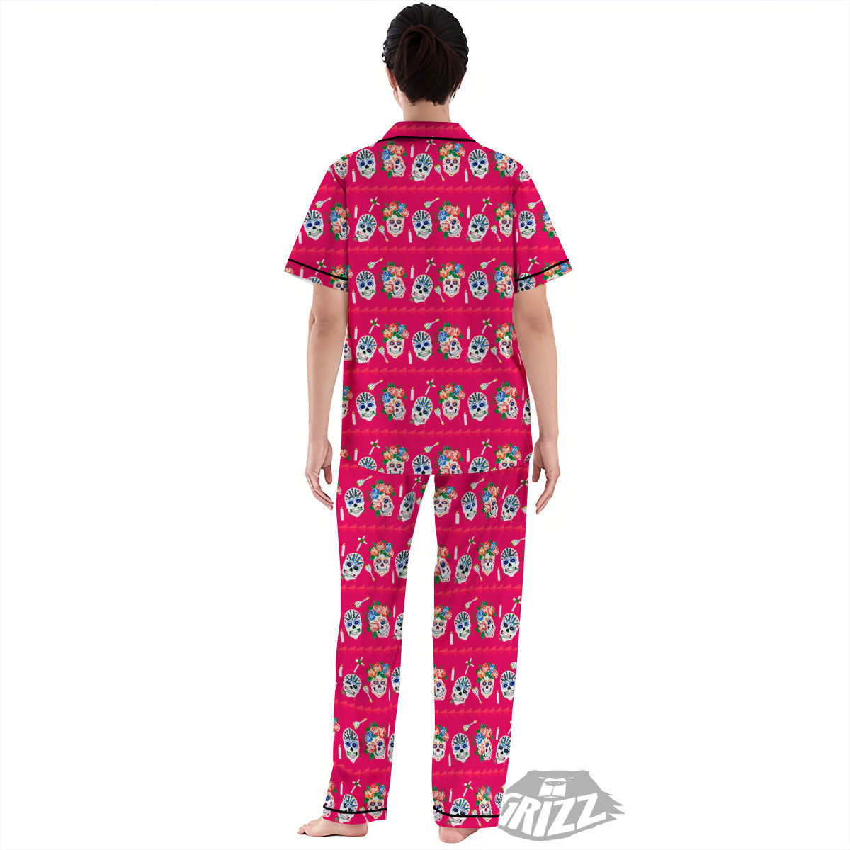 Sugar Skull Pink Print Pattern Women's Pajamas Set-grizzshop