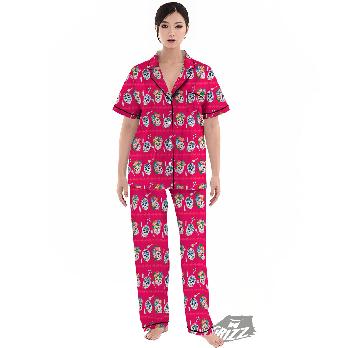 Sugar Skull Pink Print Pattern Women's Pajamas Set-grizzshop