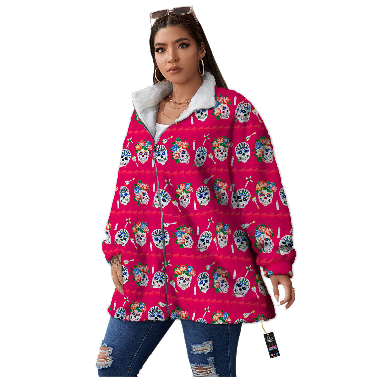 Sugar Skull Pink Print Pattern Women's Sherpa Jacket-grizzshop