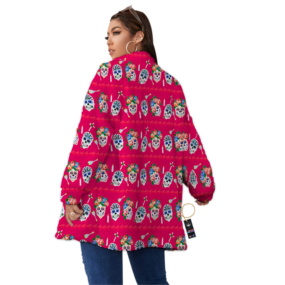 Sugar Skull Pink Print Pattern Women's Sherpa Jacket-grizzshop