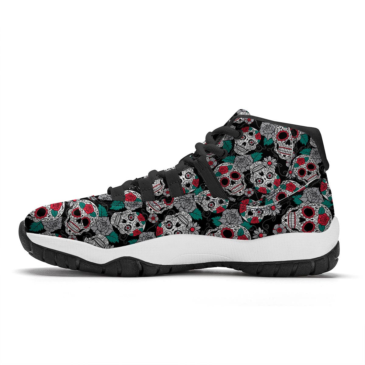 Sugar Skull Rose Floral Print Pattern Black Bball Shoes-grizzshop