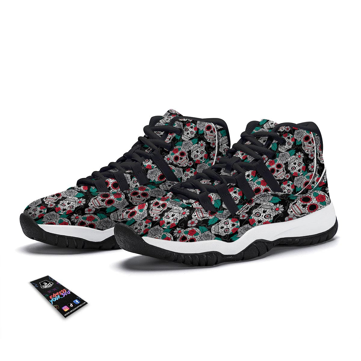 Sugar Skull Rose Floral Print Pattern Black Bball Shoes-grizzshop