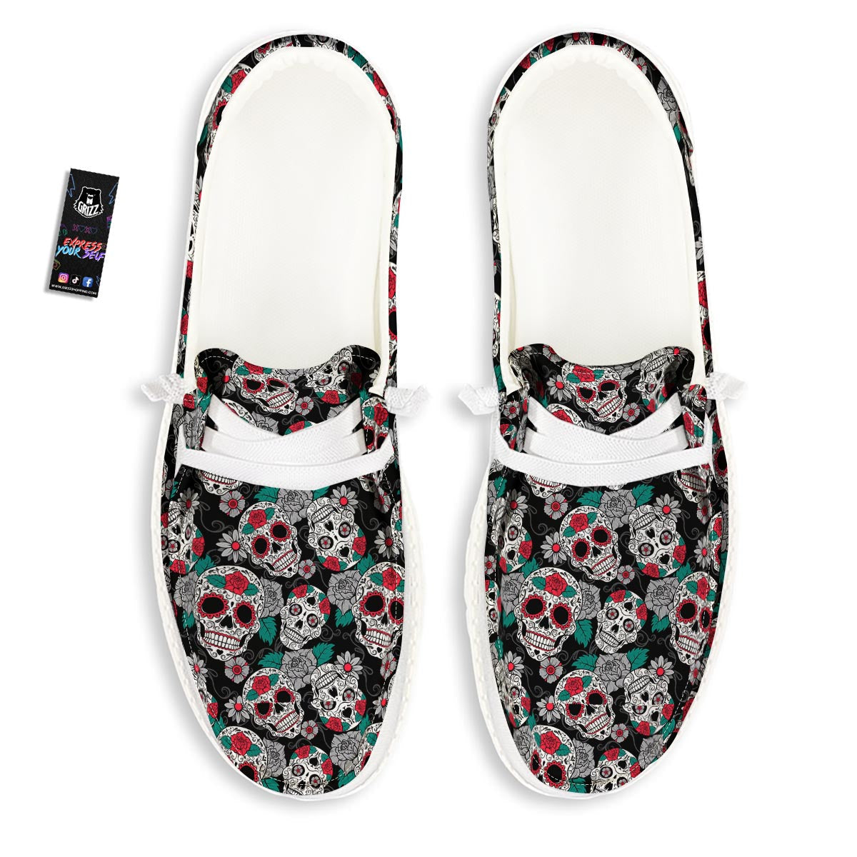 Sugar Skull Rose Floral Print Pattern Black Loafers-grizzshop