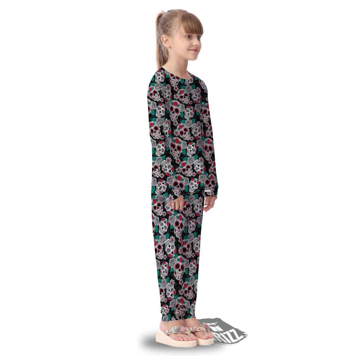 Sugar Skull Rose Floral Print Pattern Kid's Pajamas-grizzshop