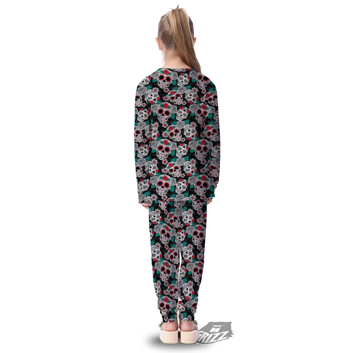 Sugar Skull Rose Floral Print Pattern Kid's Pajamas-grizzshop