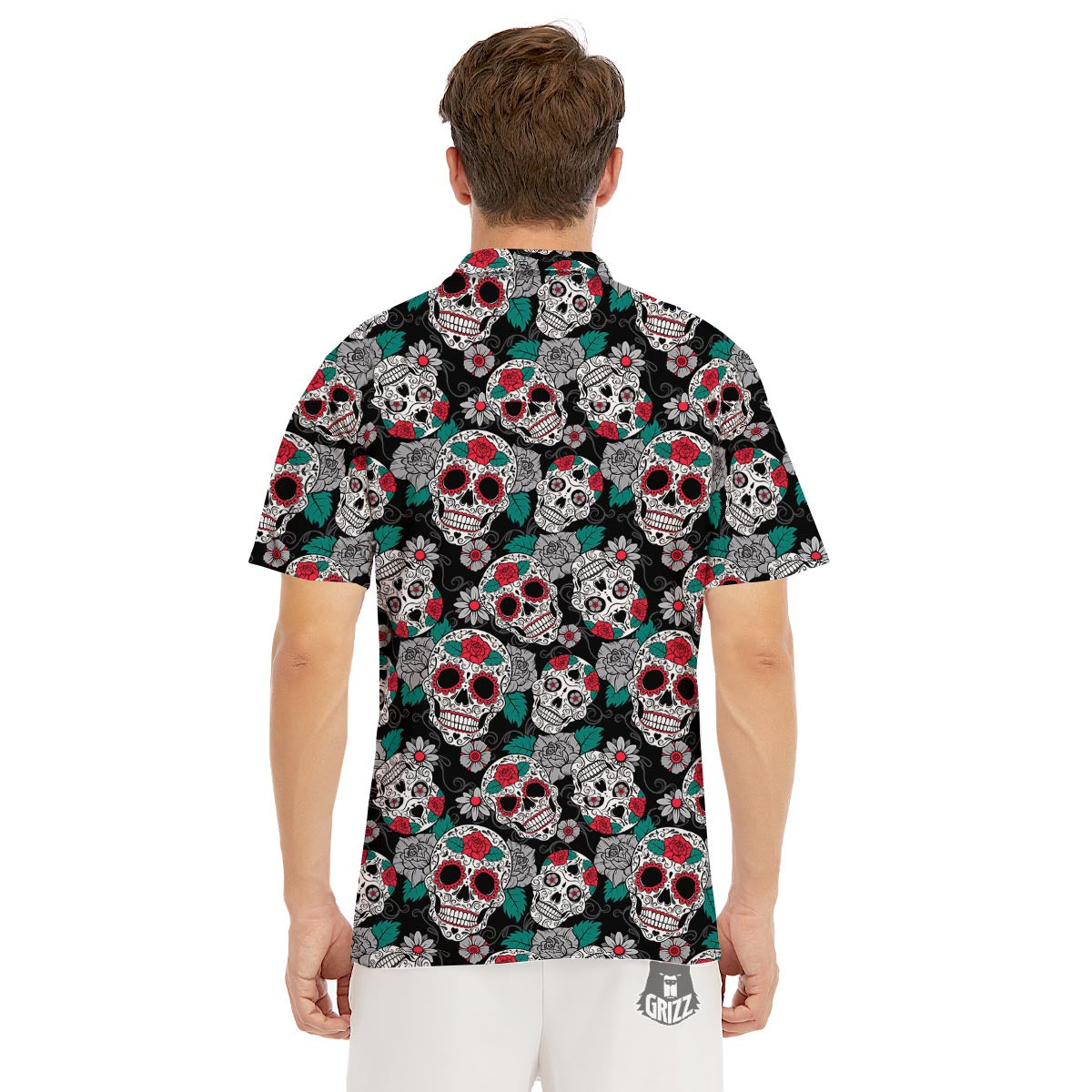 Sugar Skull Rose Floral Print Pattern Men's Golf Shirts-grizzshop