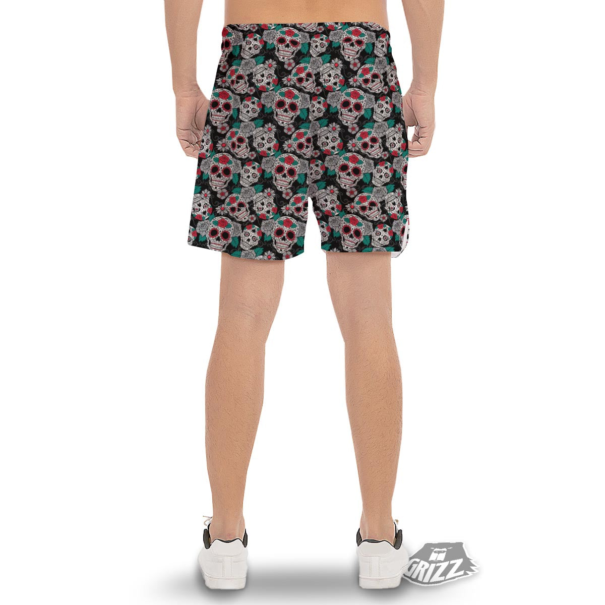 Sugar Skull Rose Floral Print Pattern Men's Gym Shorts-grizzshop