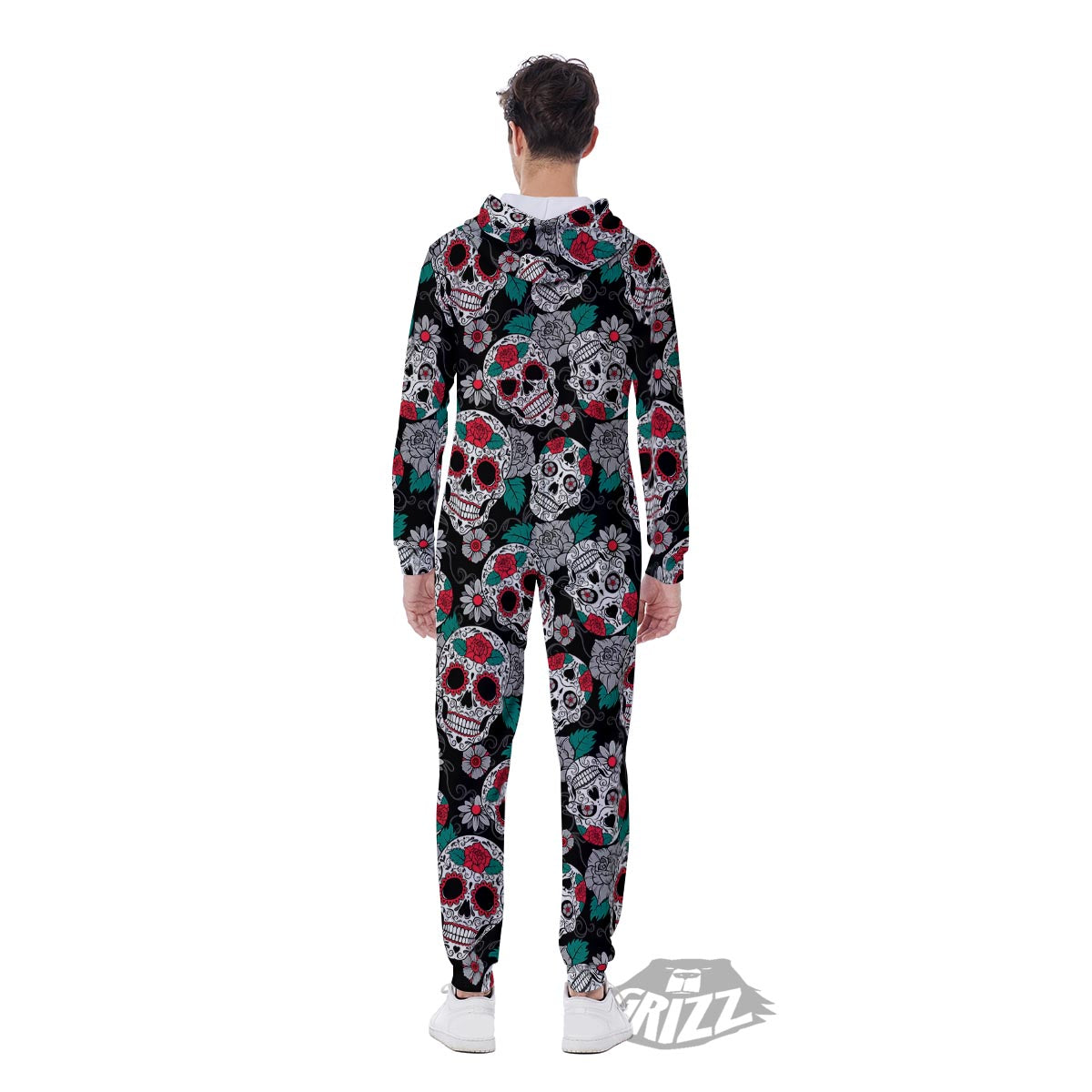 Sugar Skull Rose Floral Print Pattern Men's Jumpsuit-grizzshop