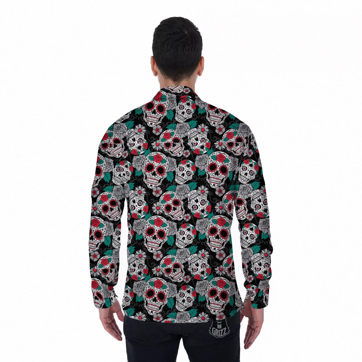Sugar Skull Rose Floral Print Pattern Men's Long Sleeve Shirts-grizzshop