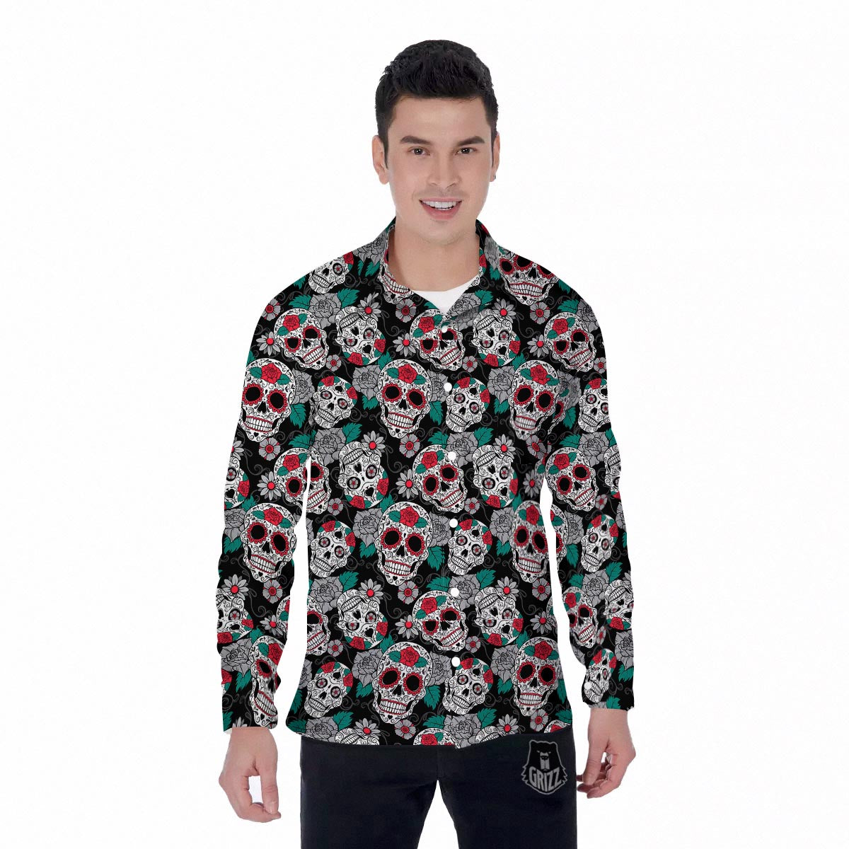 Sugar Skull Rose Floral Print Pattern Men's Long Sleeve Shirts-grizzshop