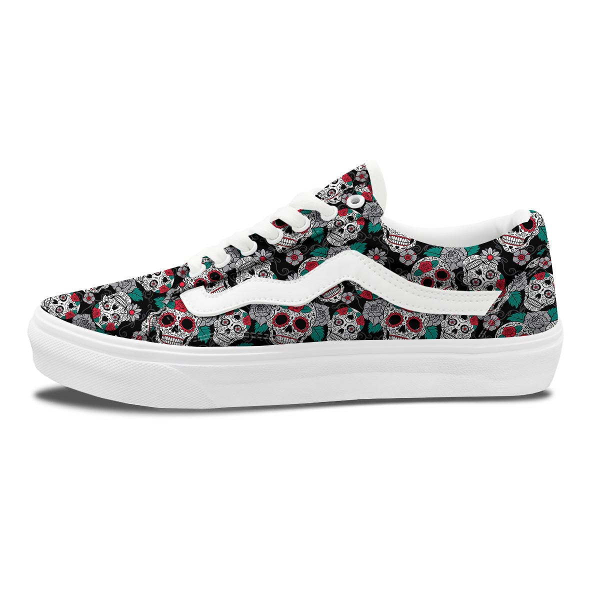 Sugar Skull Rose Floral Print Pattern Skate Shoes-grizzshop