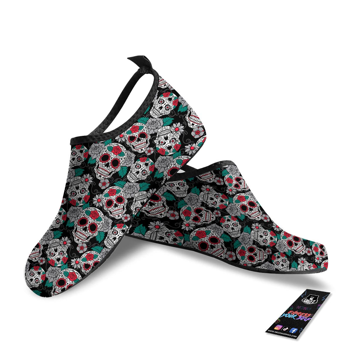 Sugar Skull Rose Floral Print Pattern Water Shoes-grizzshop