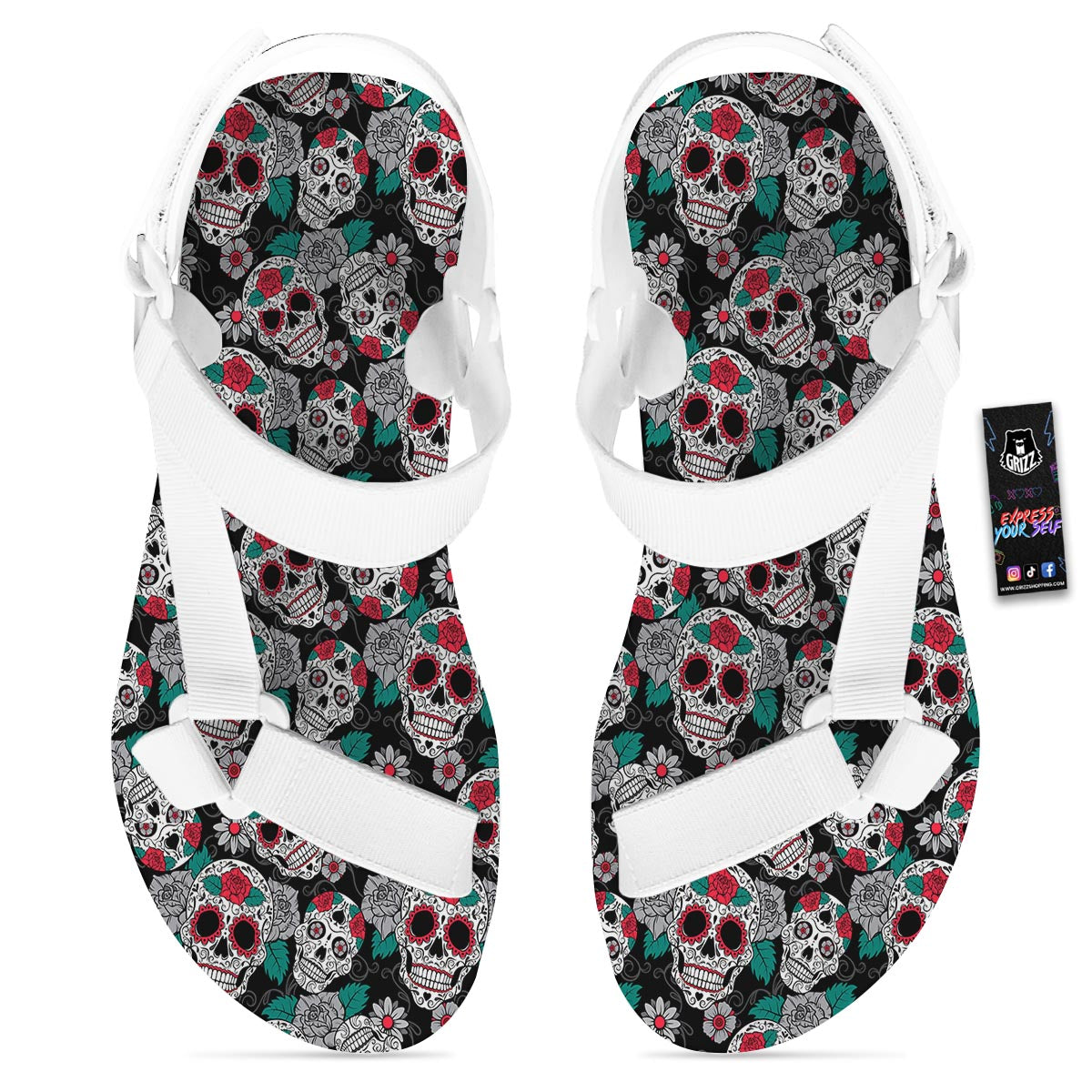 Sugar Skull Rose Floral Print Pattern White Open Toe Sandals-grizzshop