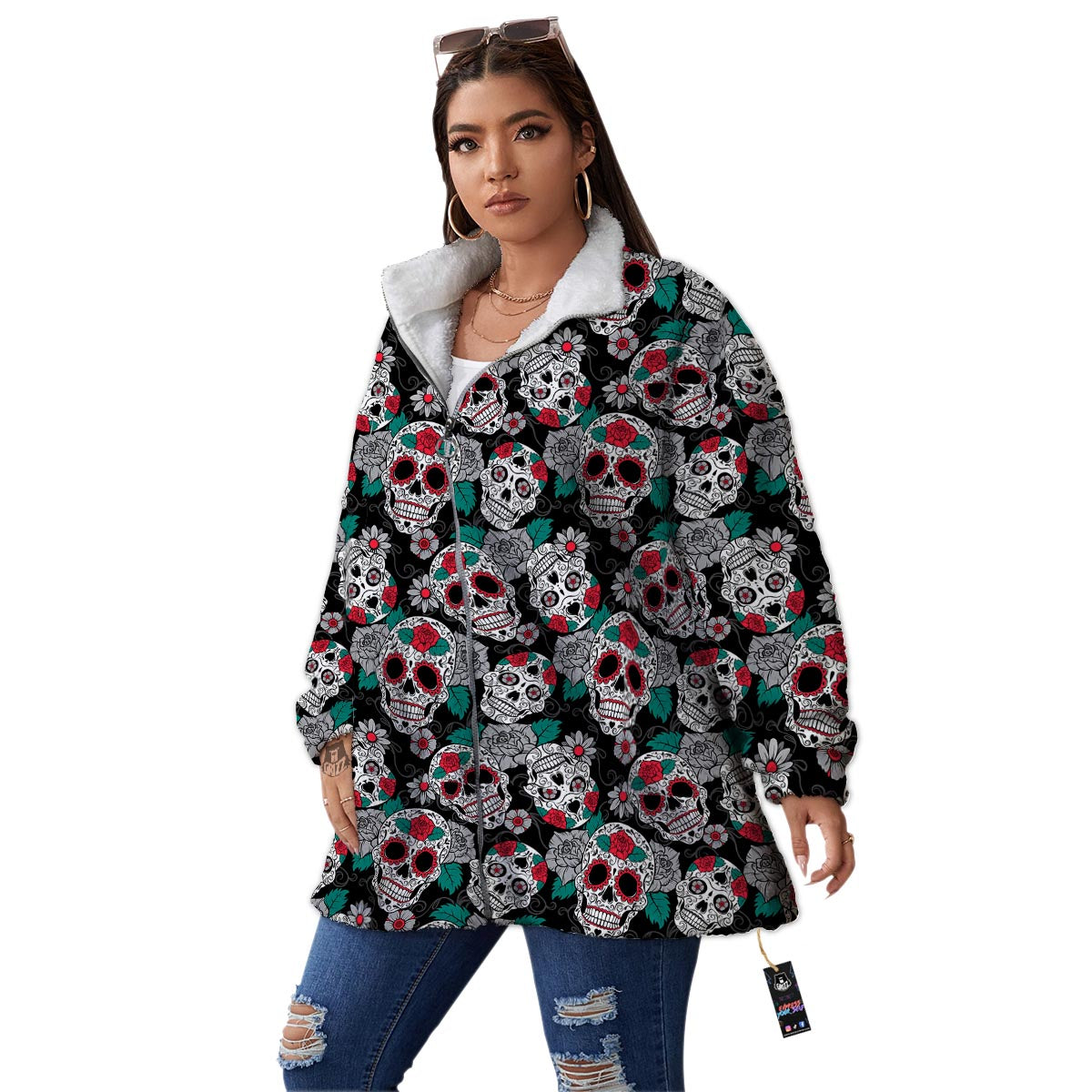 Sugar Skull Rose Floral Print Pattern Women's Sherpa Jacket-grizzshop