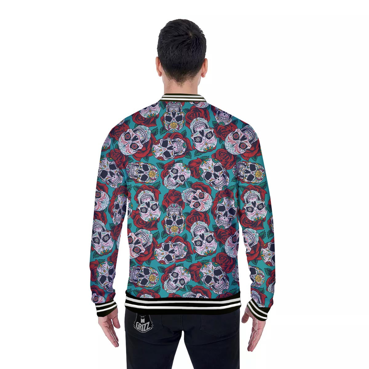 Sugar Skull Rose Flower Print Pattern Baseball Jacket-grizzshop