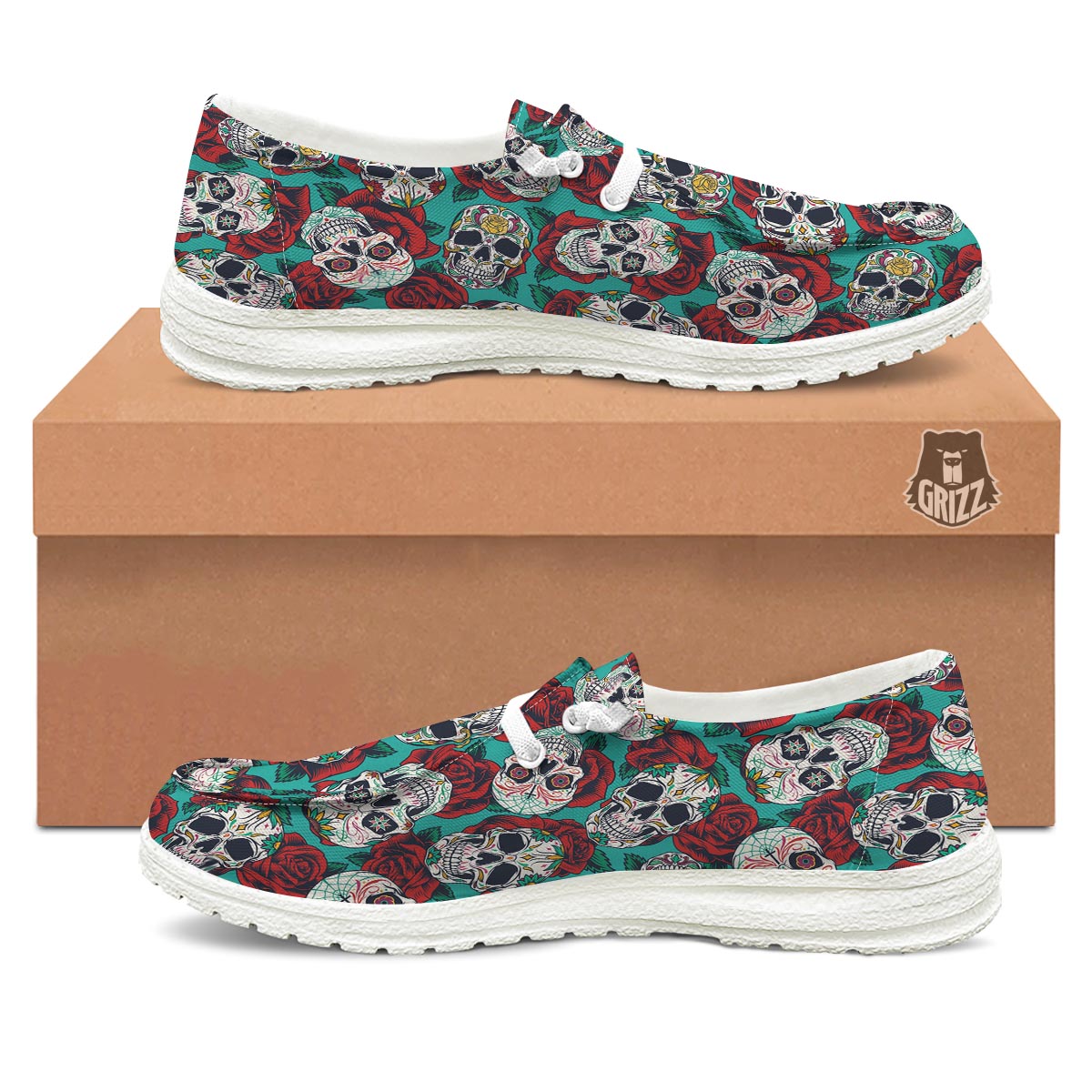 Sugar Skull Rose Flower Print Pattern Black Loafers-grizzshop