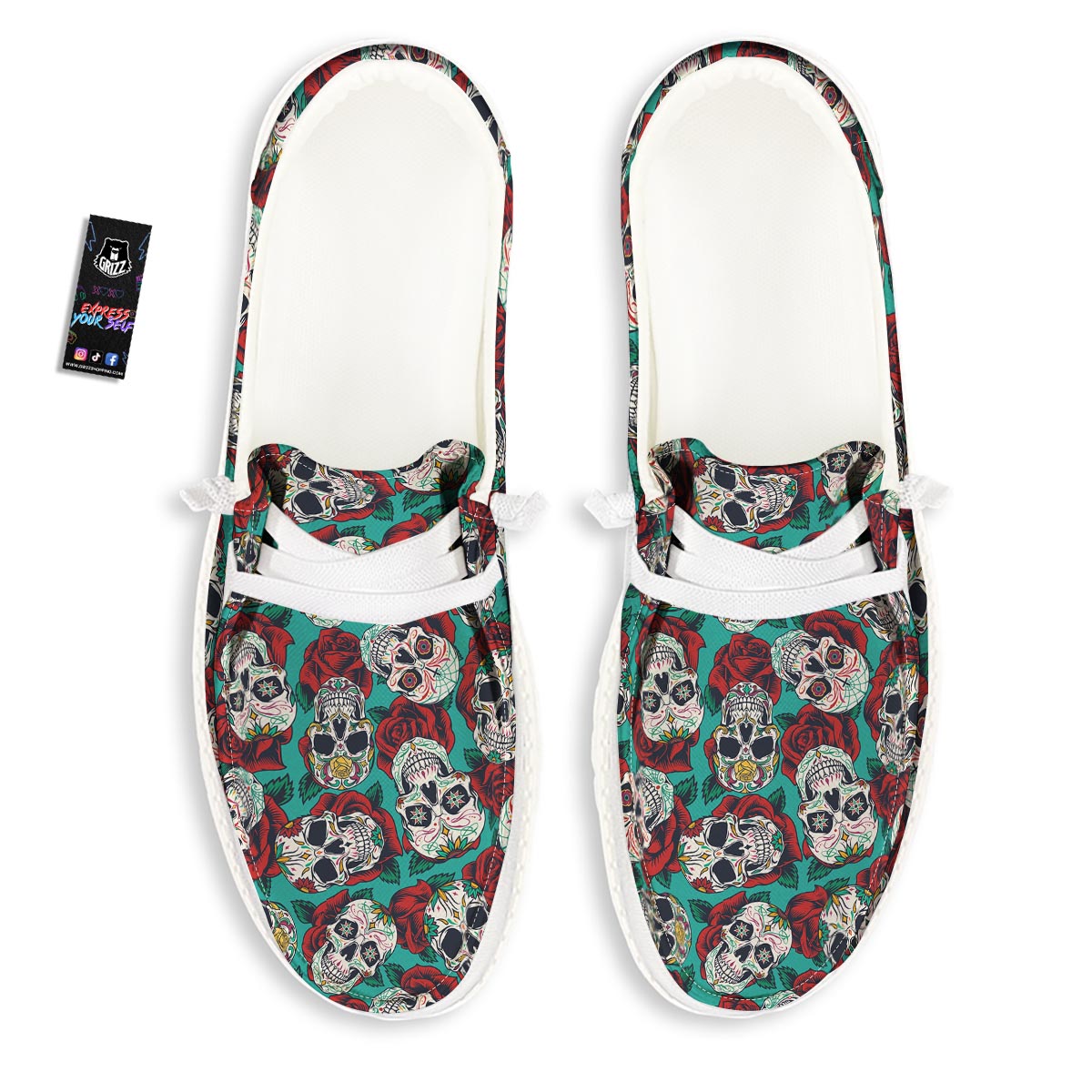 Sugar Skull Rose Flower Print Pattern Black Loafers-grizzshop