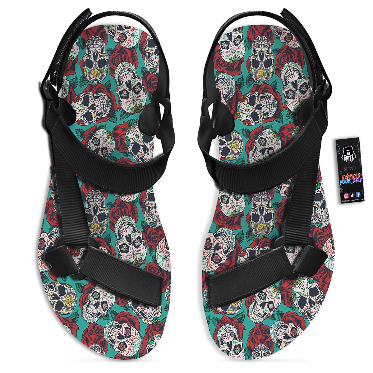 Sugar Skull Rose Flower Print Pattern Black Open Toe Sandals-grizzshop