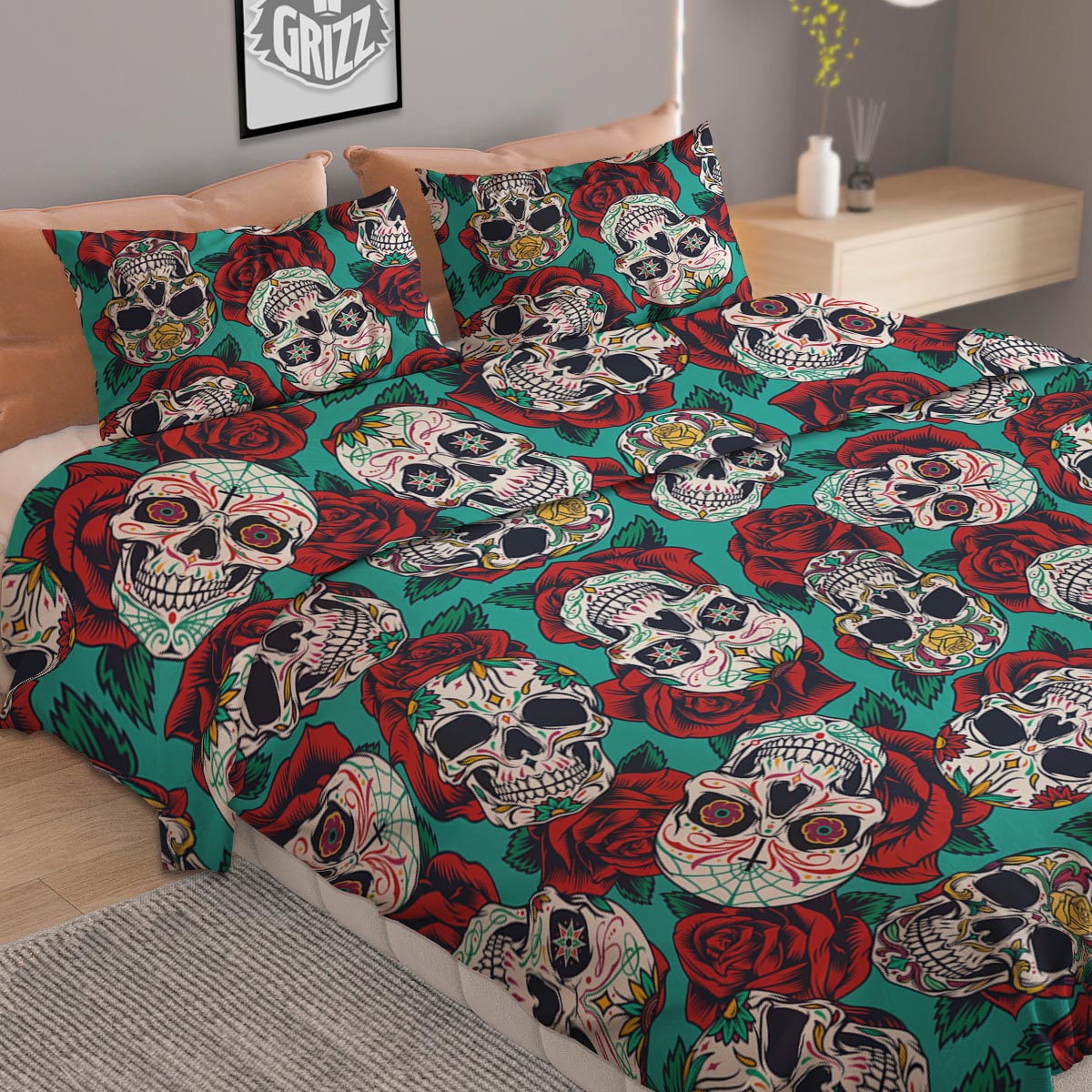 Sugar Skull Rose Flower Print Pattern Duvet Cover Bedding Set-grizzshop