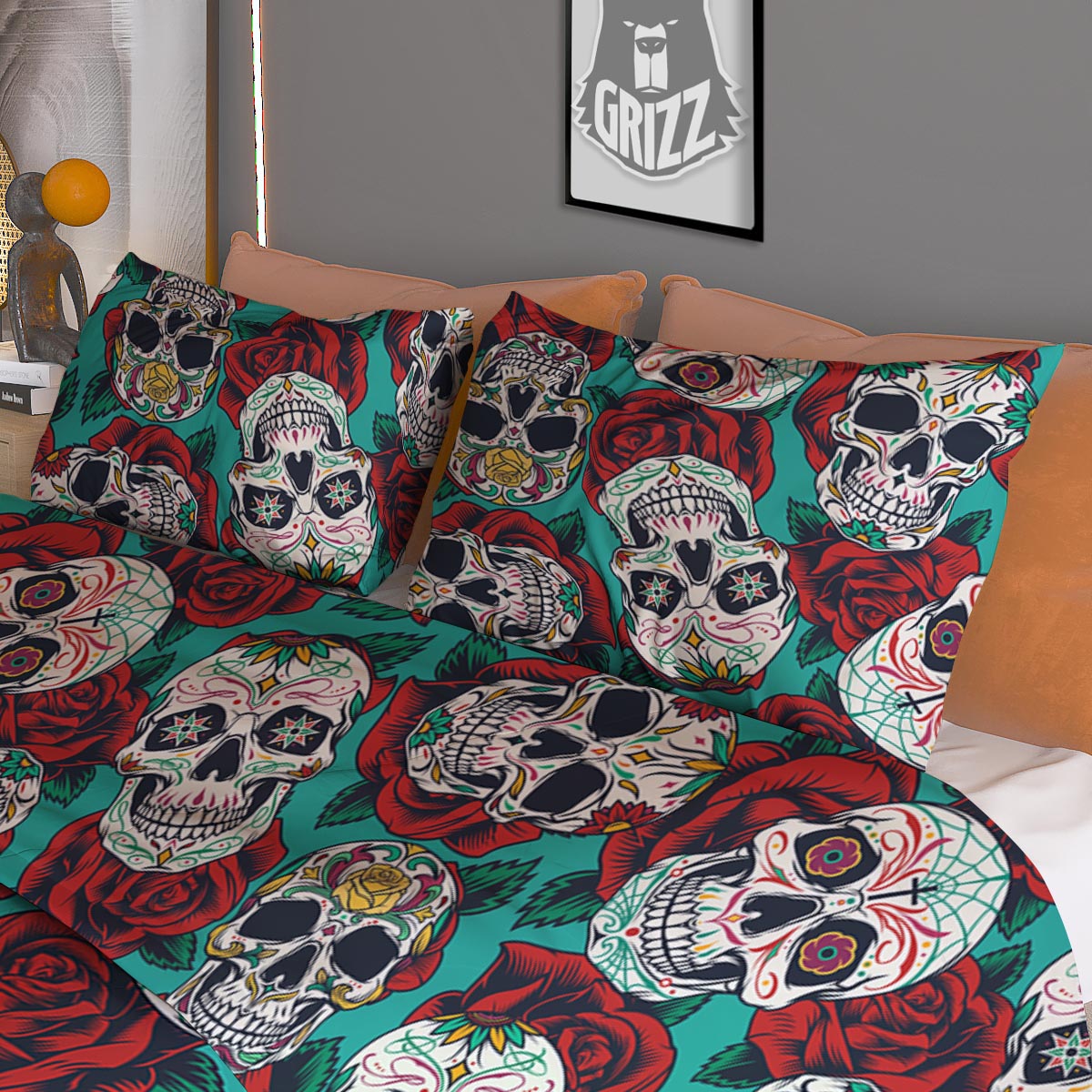 Sugar Skull Rose Flower Print Pattern Duvet Cover Bedding Set-grizzshop