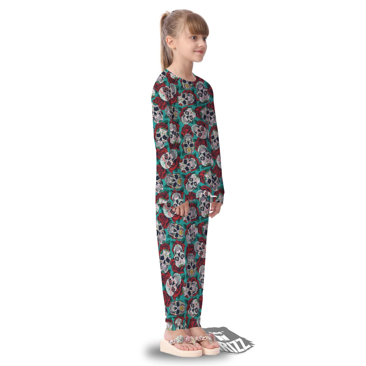 Sugar Skull Rose Flower Print Pattern Kid's Pajamas-grizzshop