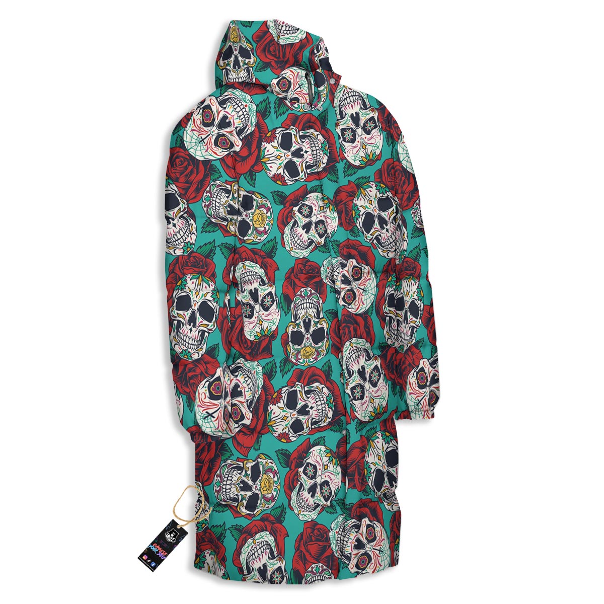 Sugar Skull Rose Flower Print Pattern Long Down Jacket-grizzshop