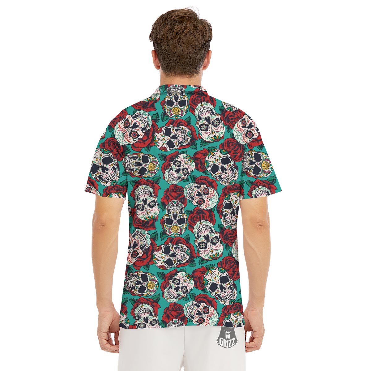 Sugar Skull Rose Flower Print Pattern Men's Golf Shirts-grizzshop