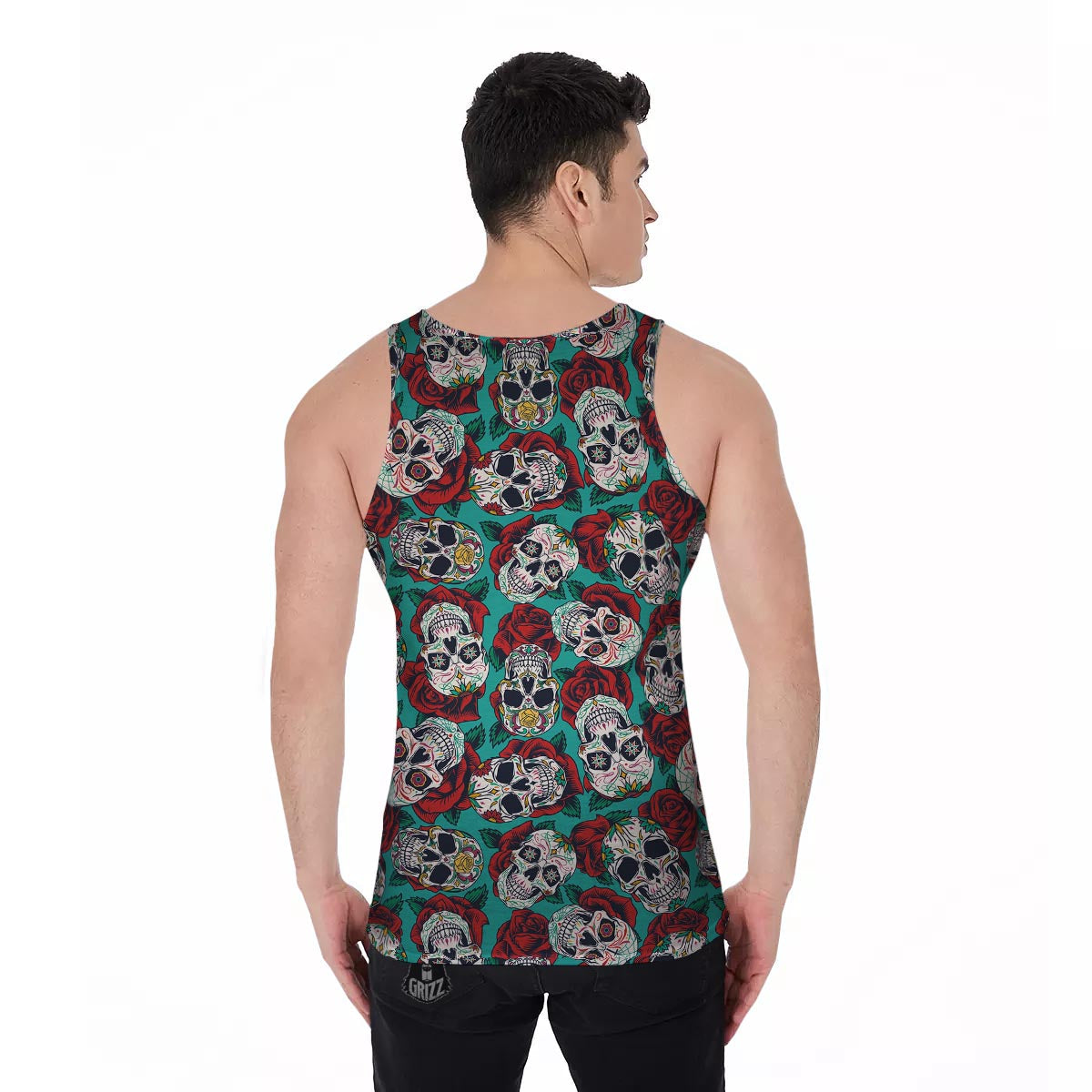 Sugar Skull Rose Flower Print Pattern Men's Tank Top-grizzshop