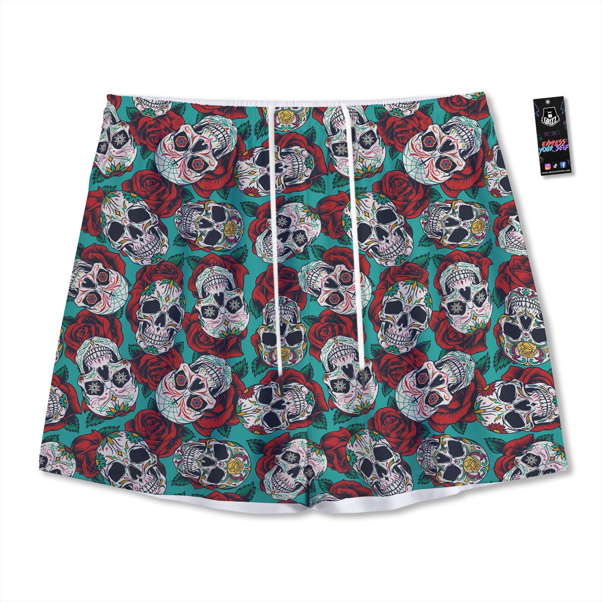 Sugar Skull Rose Flower Print Pattern Mesh Shorts-grizzshop