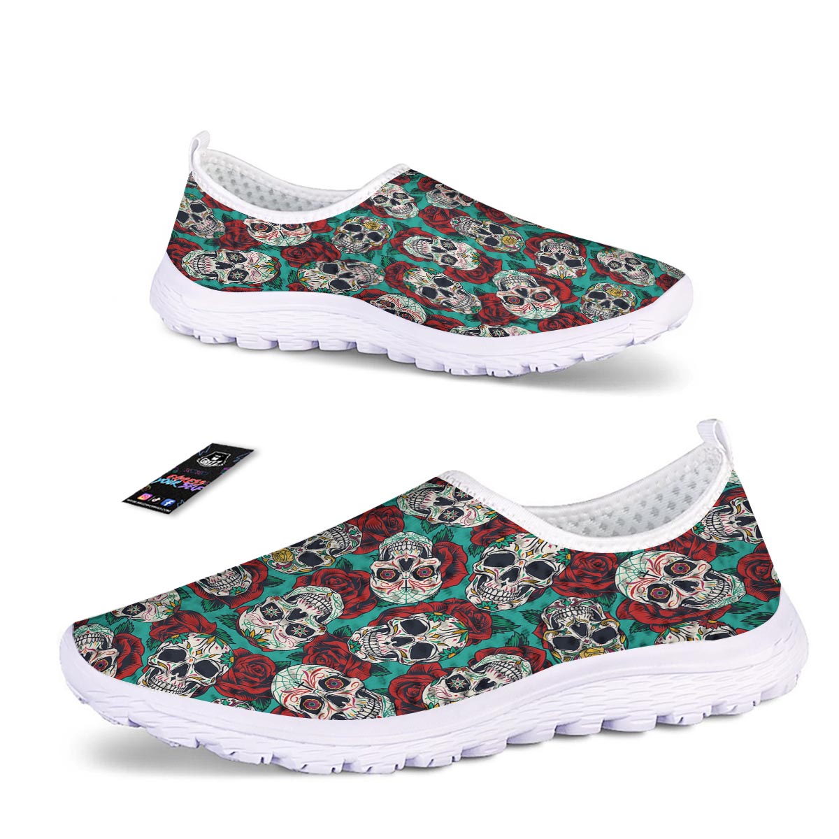 Sugar Skull Rose Flower Print Pattern Nurse Shoes-grizzshop