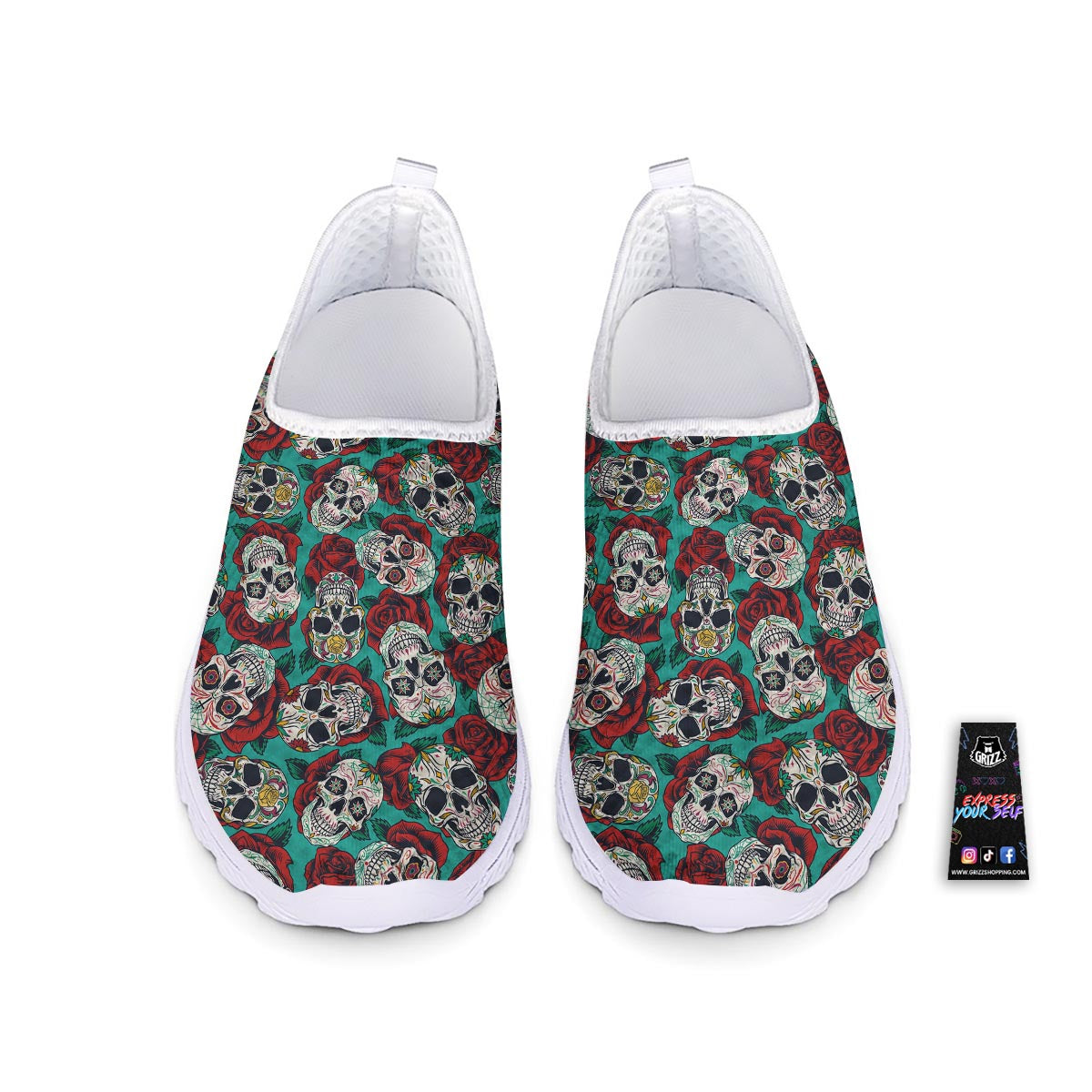 Sugar Skull Rose Flower Print Pattern Nurse Shoes-grizzshop