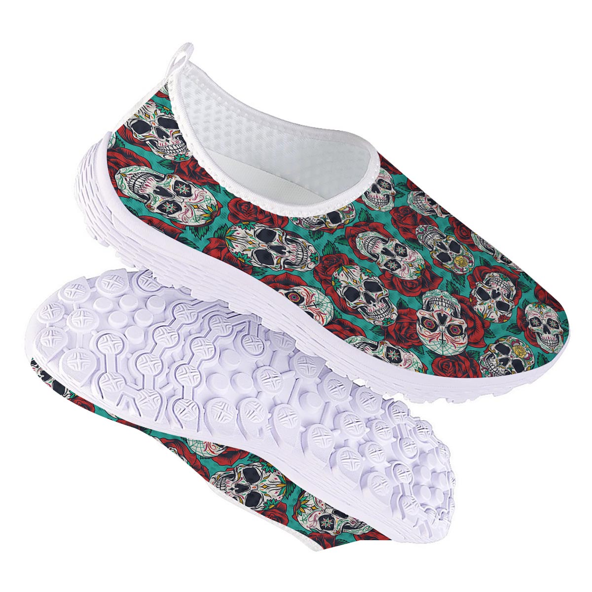 Sugar Skull Rose Flower Print Pattern Nurse Shoes-grizzshop