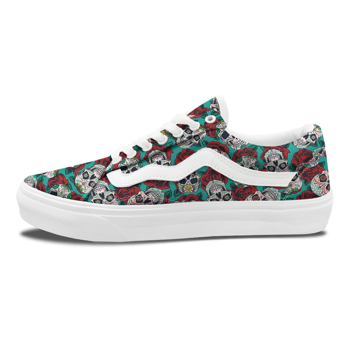 Sugar Skull Rose Flower Print Pattern Skate Shoes-grizzshop