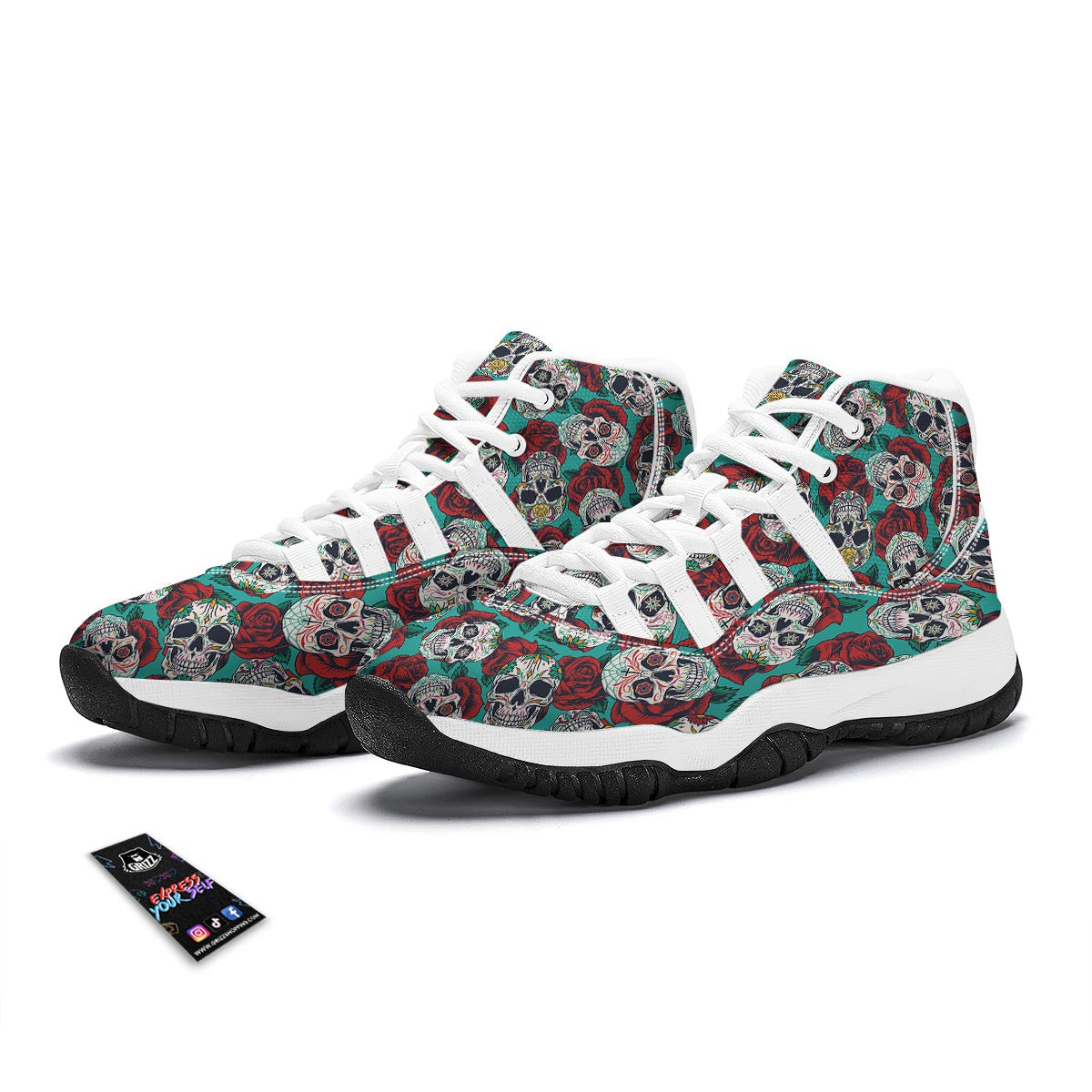 Sugar Skull Rose Flower Print Pattern White Bball Shoes-grizzshop