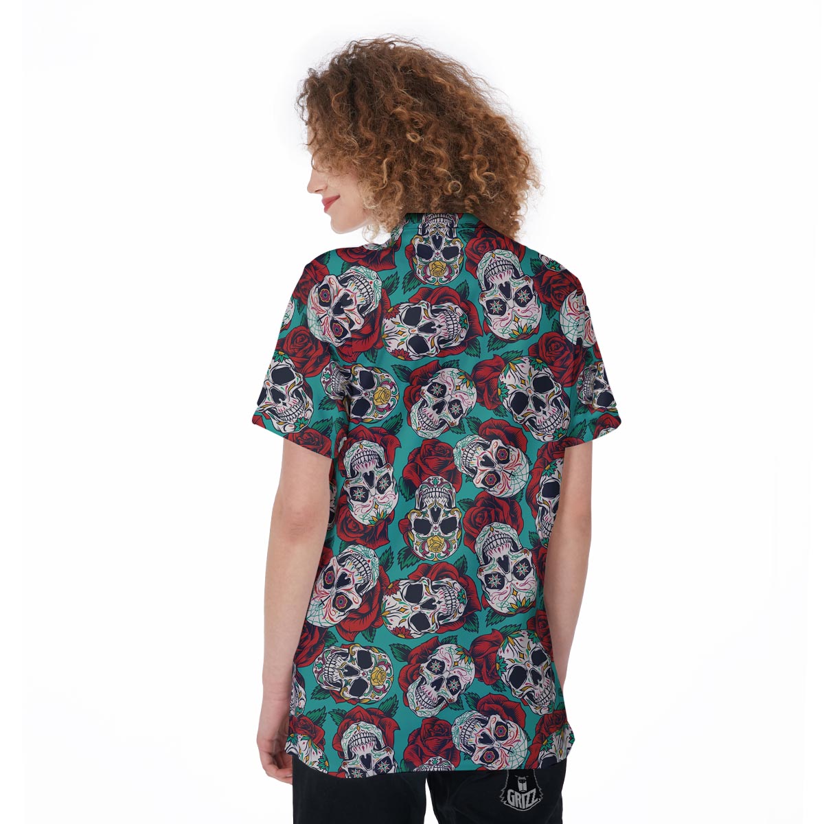 Sugar Skull Rose Flower Print Pattern Women's Golf Shirts-grizzshop