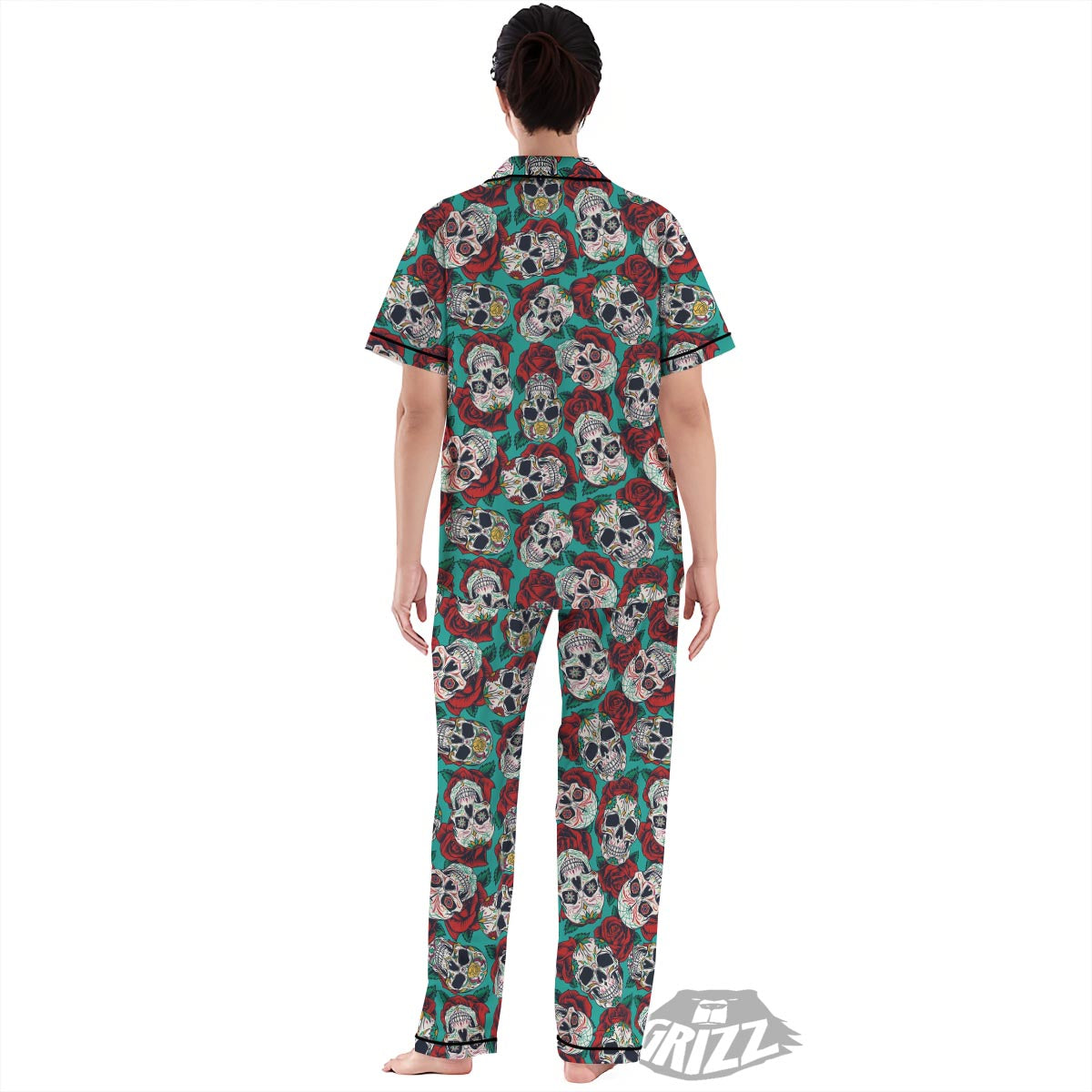 Sugar Skull Rose Flower Print Pattern Women's Pajamas Set-grizzshop