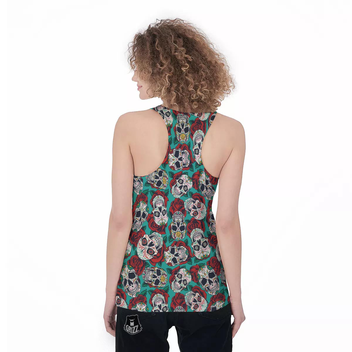 Sugar Skull Rose Flower Print Pattern Women's Racerback Tank Top-grizzshop
