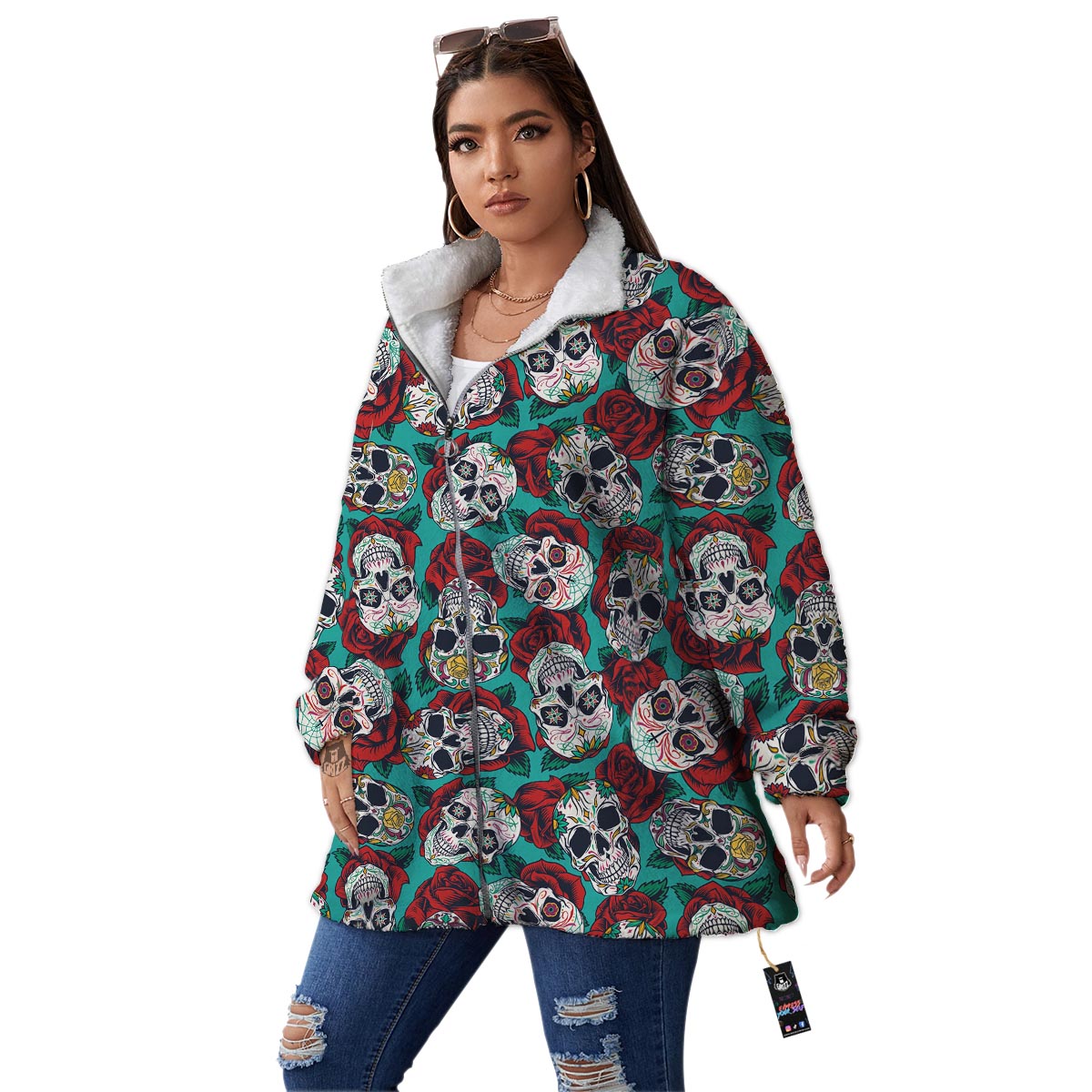 Sugar Skull Rose Flower Print Pattern Women's Sherpa Jacket-grizzshop