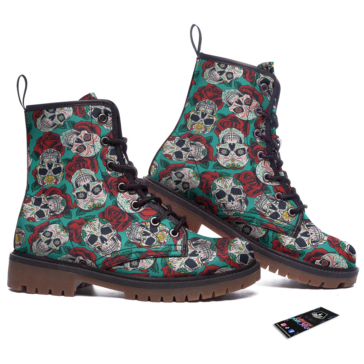 Sugar Skull Rose Flower Print Pattern Work Boots-grizzshop