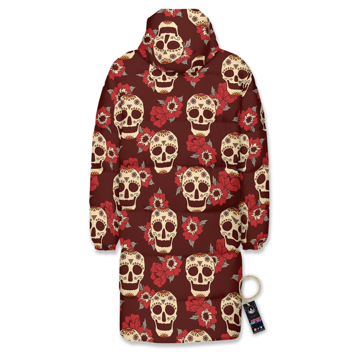 Sugar Skull Rose Print Pattern Long Down Jacket-grizzshop