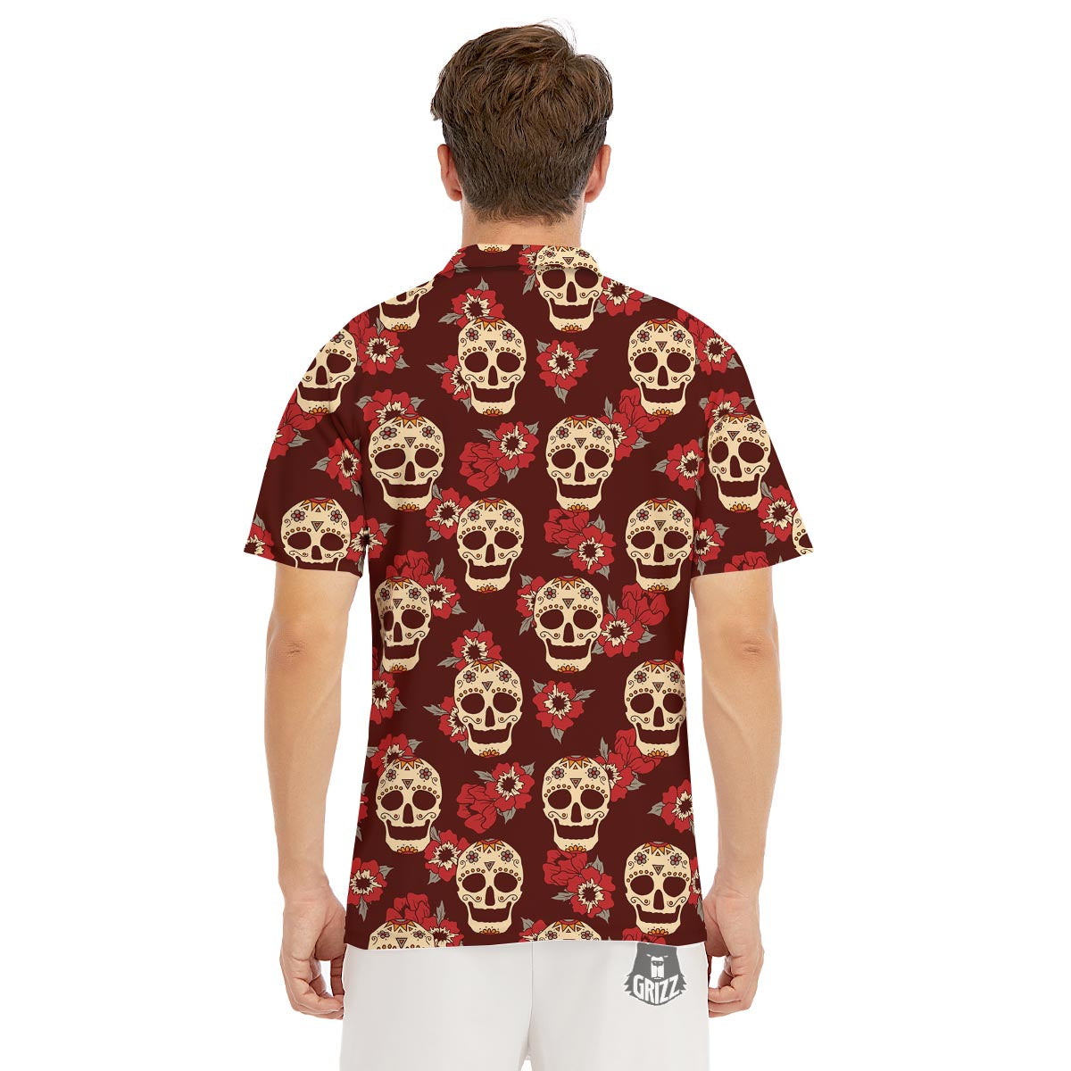 Sugar Skull Rose Print Pattern Men's Golf Shirts-grizzshop