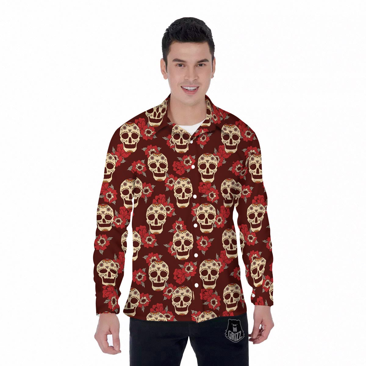 Sugar Skull Rose Print Pattern Men's Long Sleeve Shirts-grizzshop