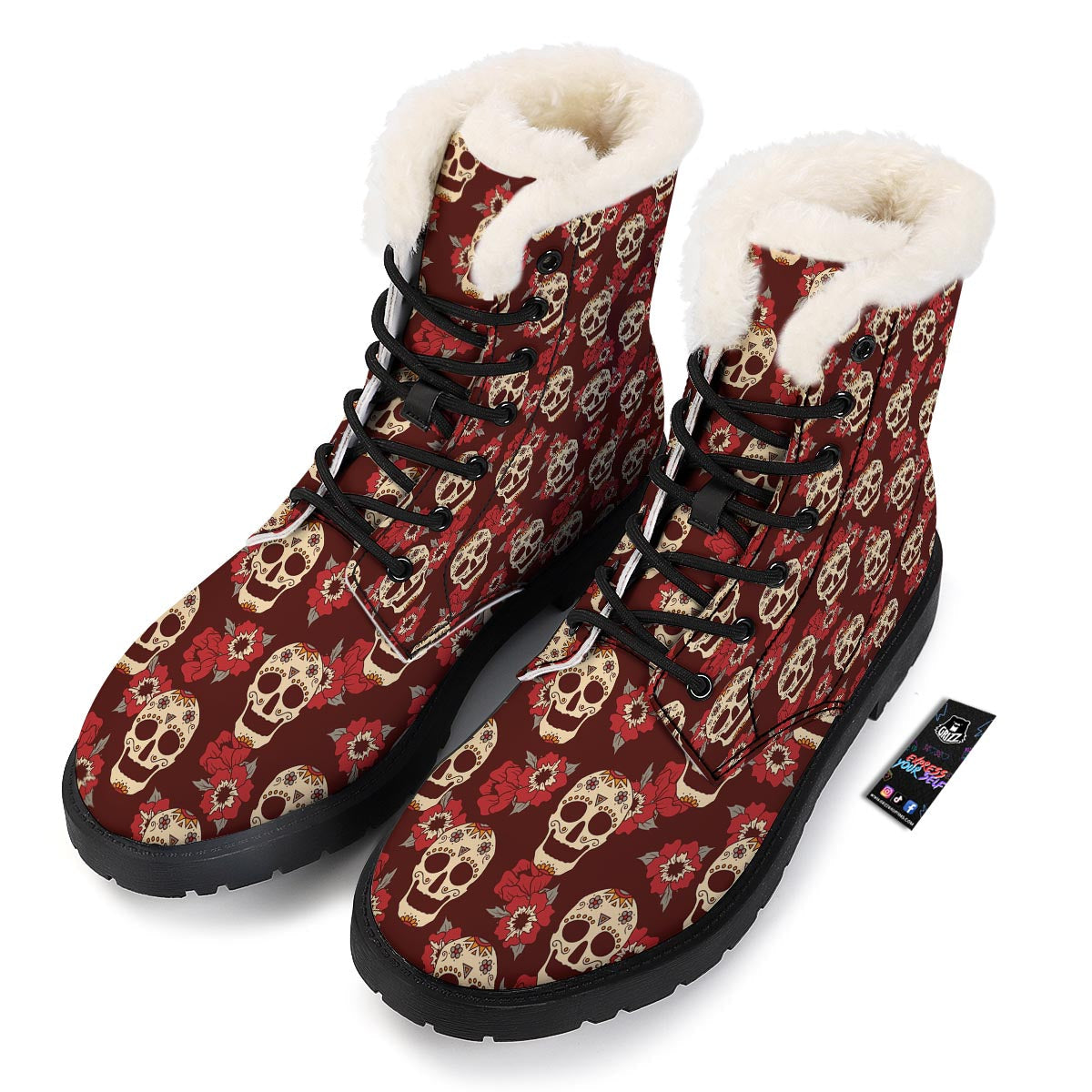 Sugar Skull Rose Print Pattern Winter Boots-grizzshop