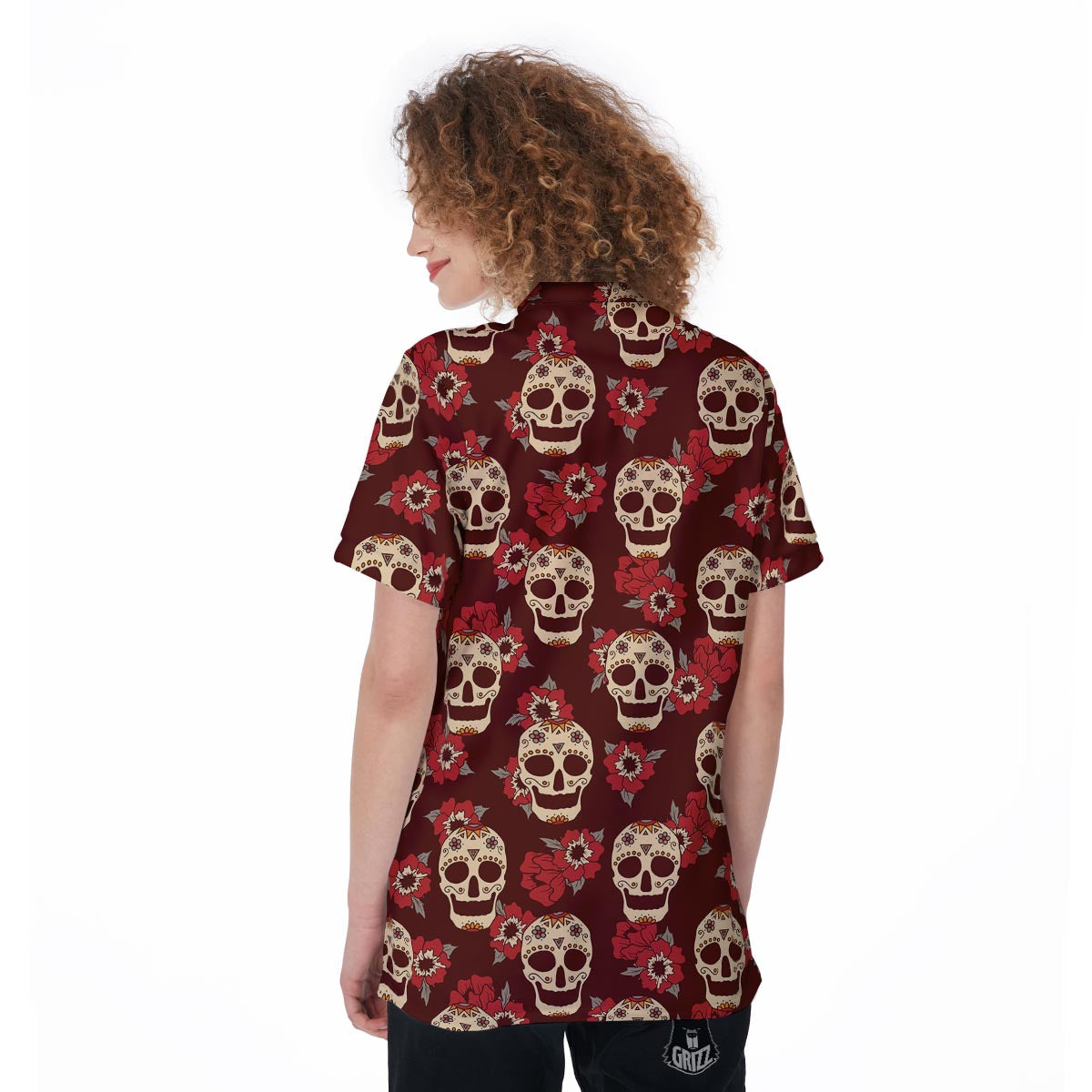 Sugar Skull Rose Print Pattern Women's Golf Shirts-grizzshop