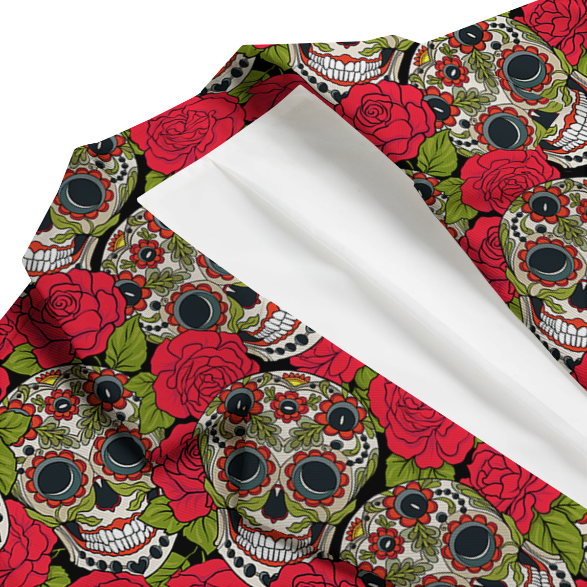 Sugar Skull Skeleton Girly Floral Rose Pattern Print Men's Blazer-grizzshop