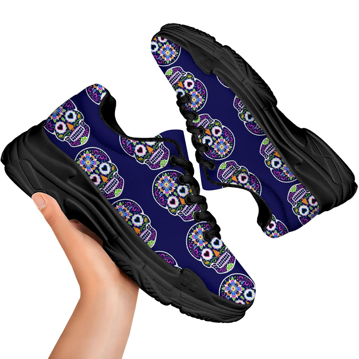 Sugar Skull Teal Pink Print Pattern Black Chunky Shoes-grizzshop
