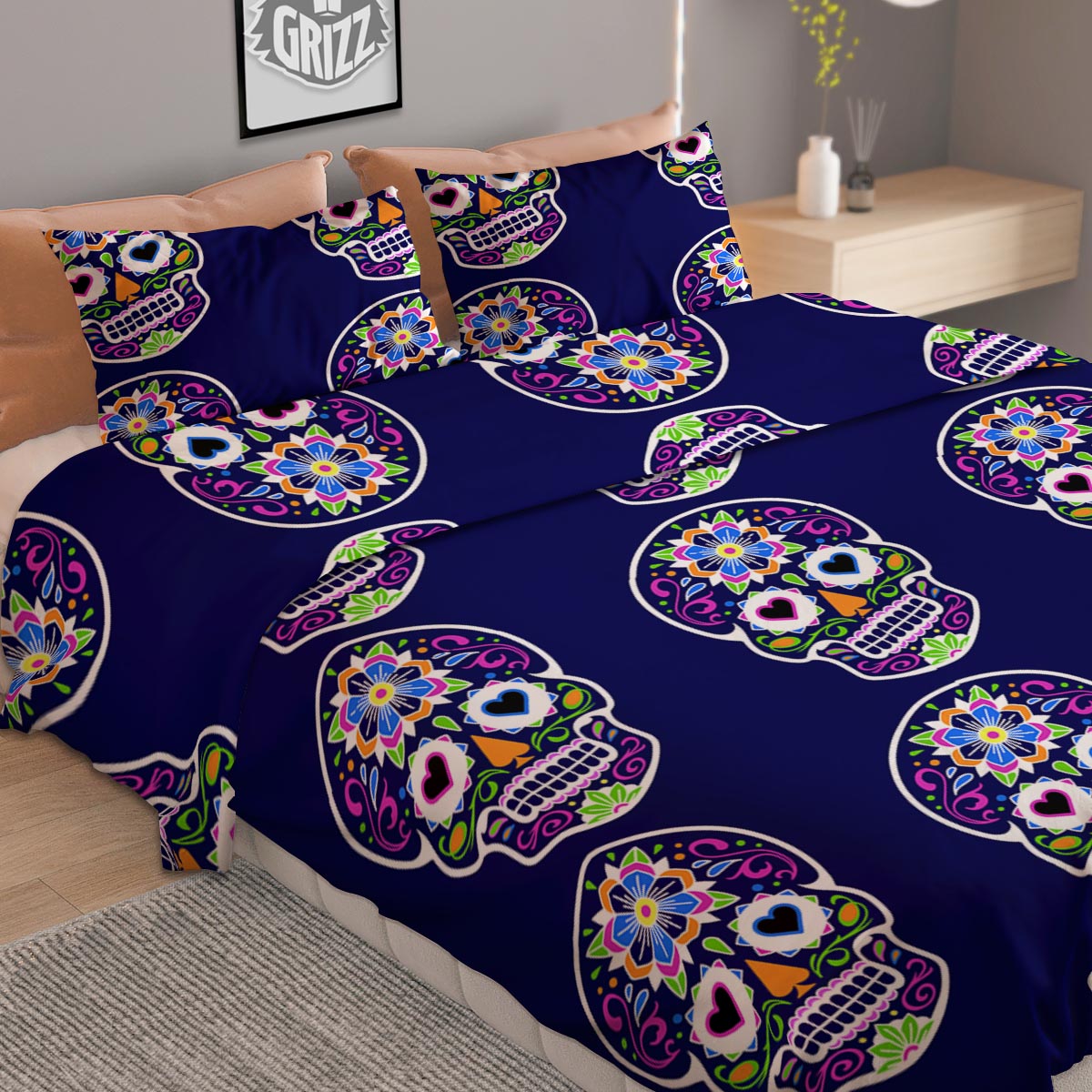 Sugar Skull Teal Pink Print Pattern Duvet Cover Bedding Set