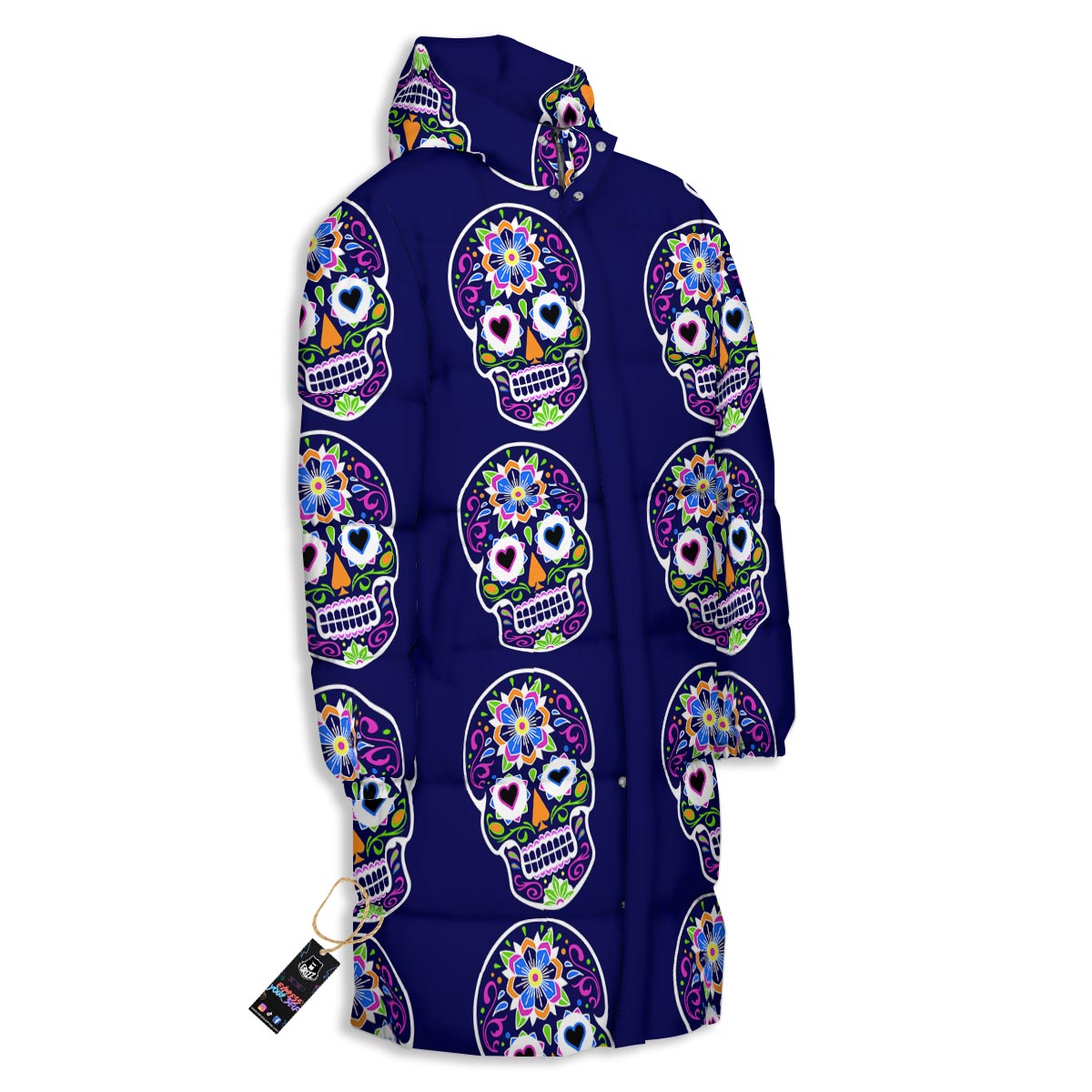 Sugar Skull Teal Pink Print Pattern Long Down Jacket-grizzshop